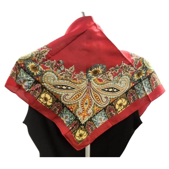 Square Silk Scarf Red With Ornate Paisley Floral Print 27.5 inch Square Wild Rag - Picture 16 of 16